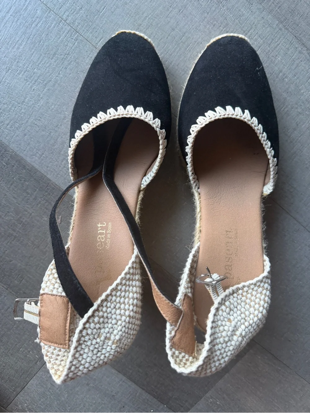 MADE IN SPAIN Black Espadrille Wedge Sandals with White Trim and Ankle Strap